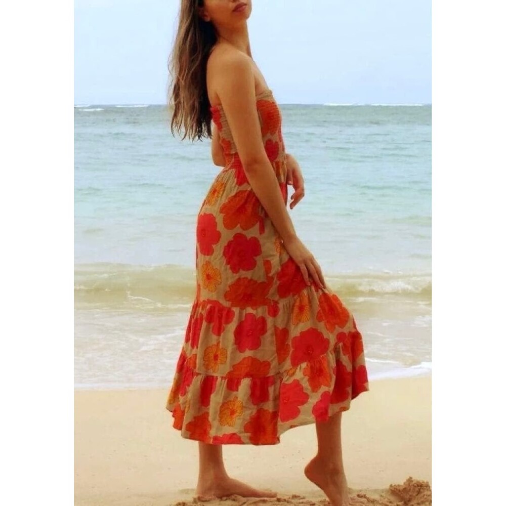 Paradise Now Hawaii Maui Strapless Smocked Retro Hibiscus Tiered Maxi Dress S